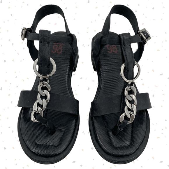 A.S.98 Shoes - A.S.98 Black Leather Silver Chains Strappy Heeled Sandals Edgy Boho Size 39